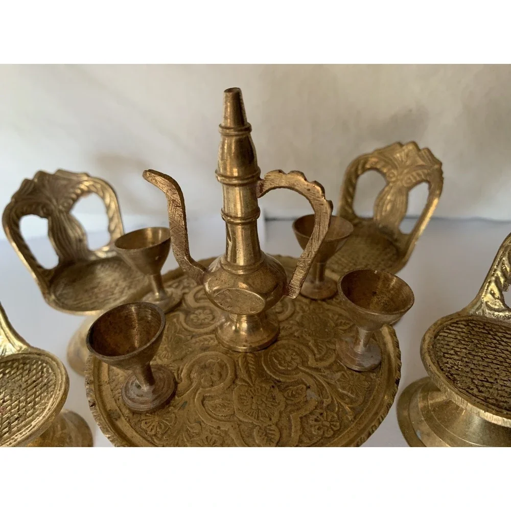 Miniature Brass Table Chairs Goblets & Pitcher LOT of 10 Doll House Decor India